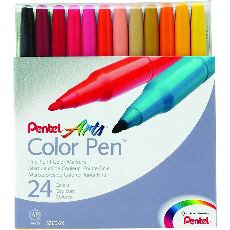 PENTEL COLOR MARKER SET, FINE FIBER TIP, ASSORTED COLORS, SET OF 24