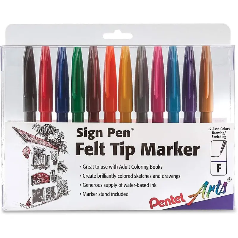PENTEL FELT TIP SIGN PEN, SET OF 12 ASSORTED COLORS