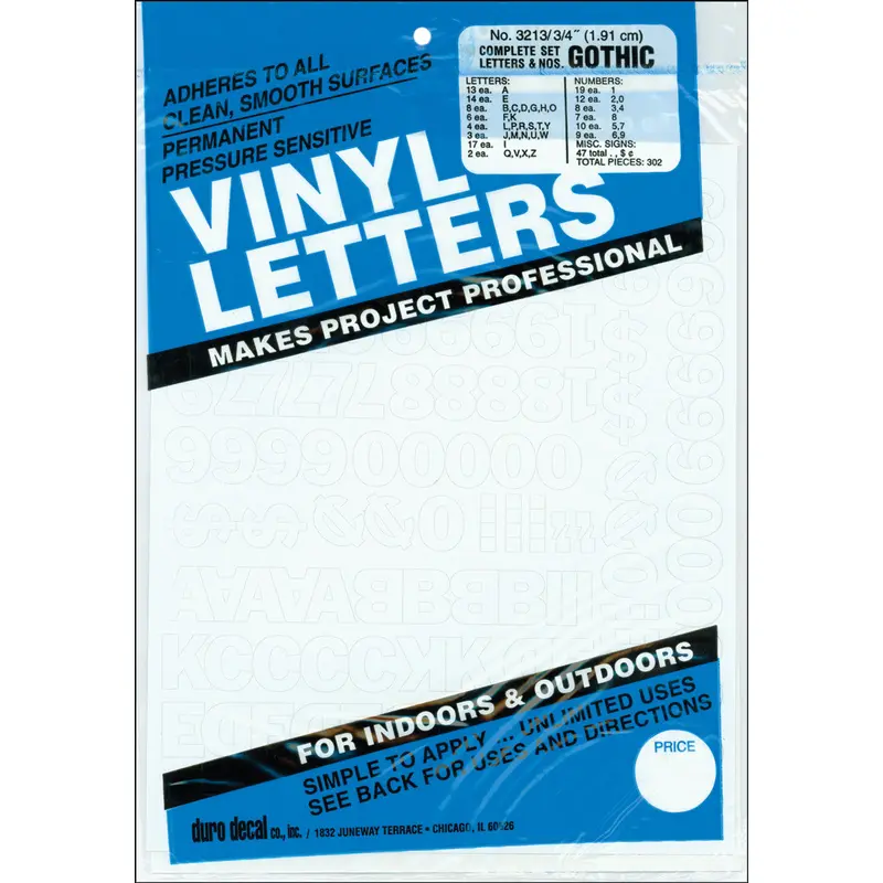 .75 WHITE VINYL LETTERS/NUMBER