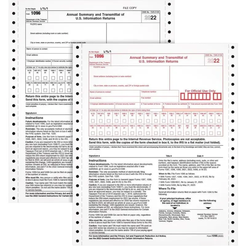 1096 Tax Form - 2 Part Carbonless Copy - 8.50" x 11" Sheet Size