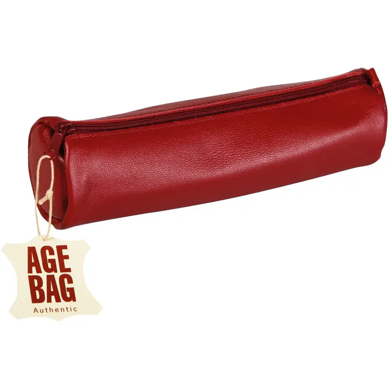 PENCIL CASE ROUND LEATHER AGE BAG RED-77030
