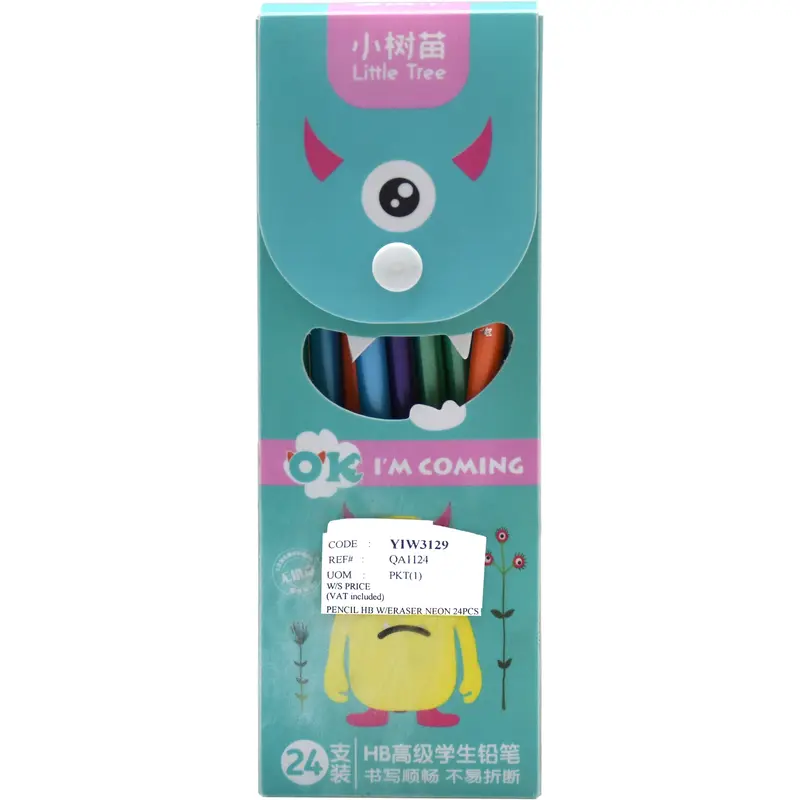 PENCIL HB W/ERASER NEON 24PCS-QA1124