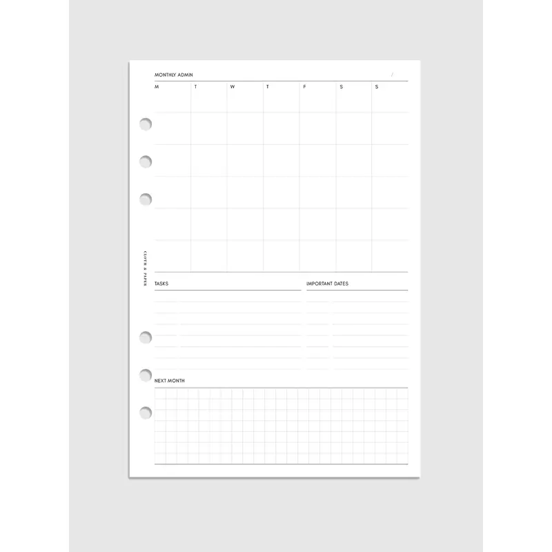 Monthly Admin Planner Inserts | Monday Start