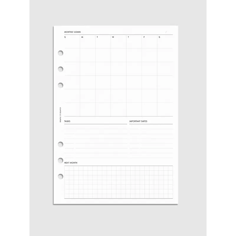 Monthly Admin Planner Inserts | Sunday Start
