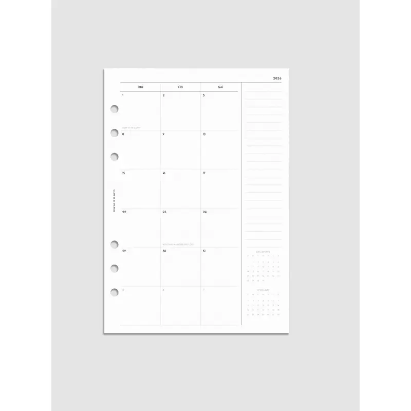 2026 Dated Monthly Planner Inserts | Sunday Start