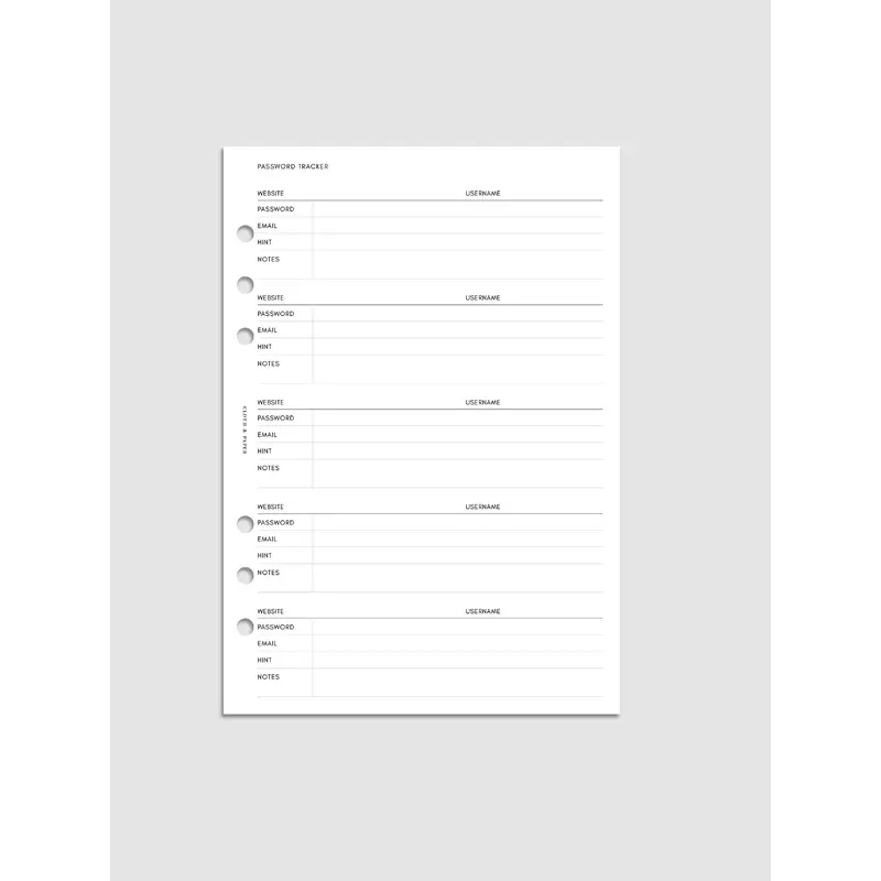 Password Tracker Planner Inserts